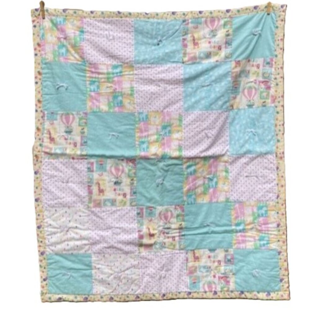Pastel Quilt Baby Nursery Blanket Throw Quilted Squares Handmade 44 x 38 inches